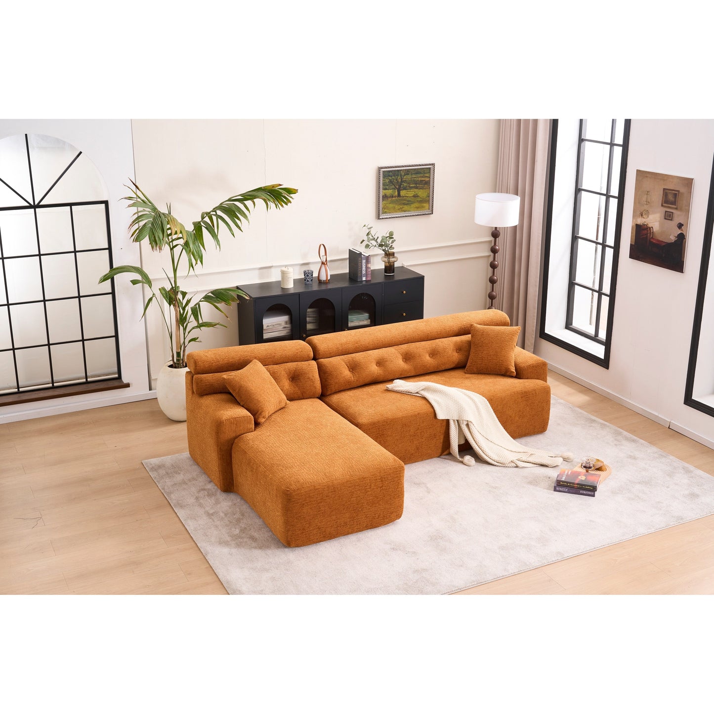 Canapé modulable 4 places en L, convertible et moderne, en chenille, avec 2 coussins, pour salon d'appartement