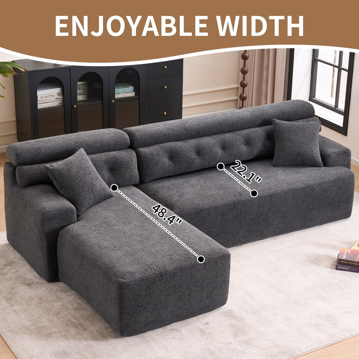 Canapé modulable 4 places en L, convertible et moderne, en chenille, avec 2 coussins, pour salon d'appartement