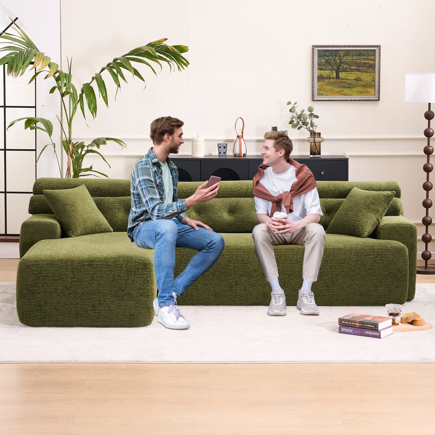Canapé modulable 4 places en L, convertible et moderne, en chenille, avec 2 coussins, pour salon d'appartement