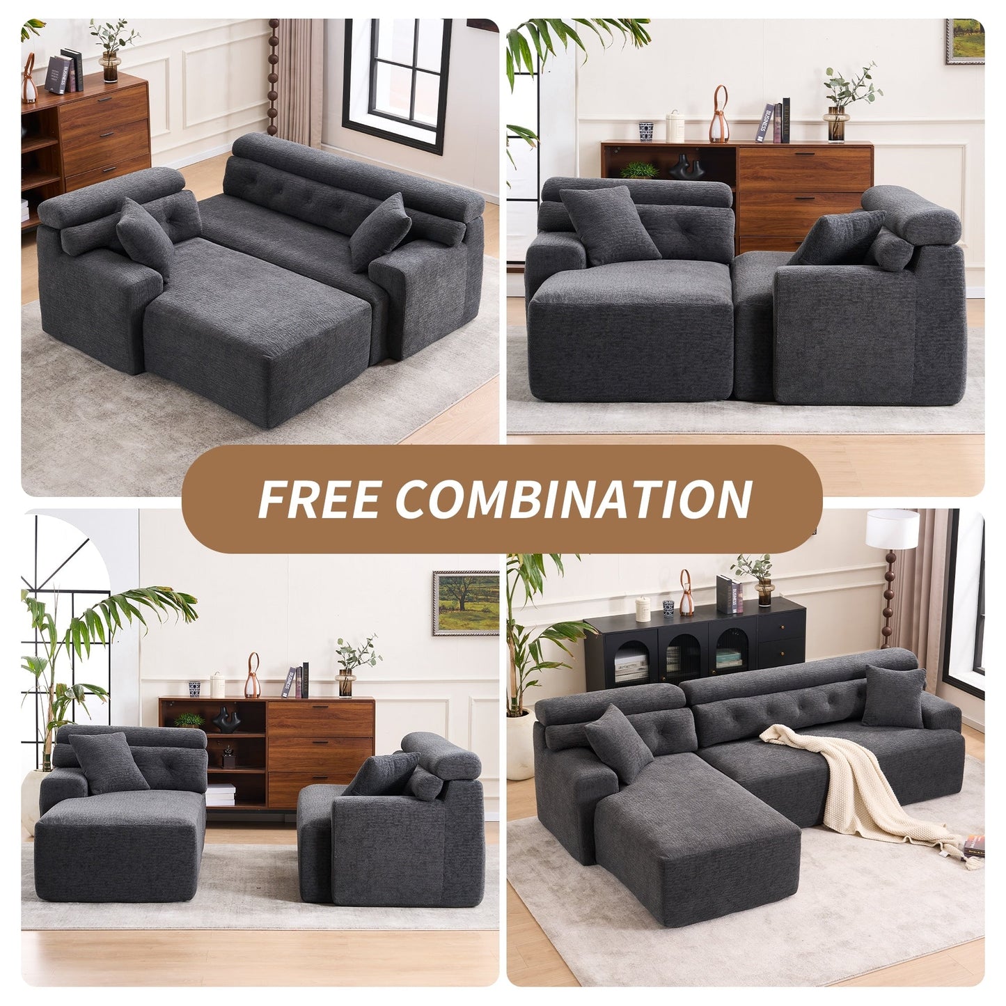 Canapé modulable 4 places en L, convertible et moderne, en chenille, avec 2 coussins, pour salon d'appartement