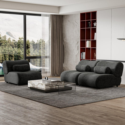 Canapé modulaire 3 places incurvé en chenille moderne avec coussins cylindriques pour le salon