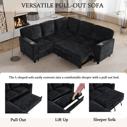 Canapé-lit sectionnel 5 places en L en chenille moderne avec rangement, ports USB et porte-gobelets pour le salon