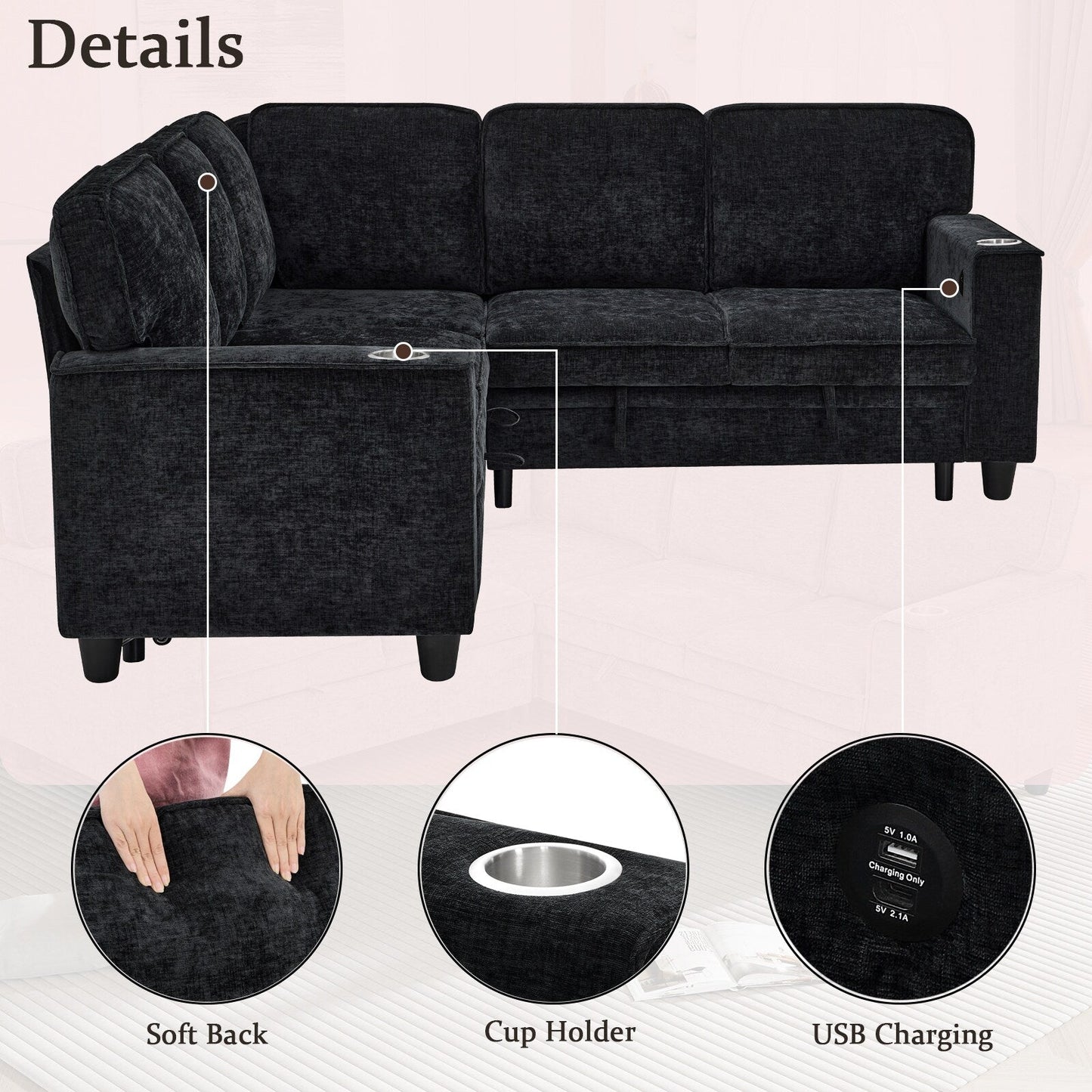 Canapé-lit sectionnel 5 places en L en chenille moderne avec rangement, ports USB et porte-gobelets pour le salon
