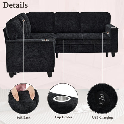 Canapé-lit sectionnel 5 places en L en chenille moderne avec rangement, ports USB et porte-gobelets pour le salon