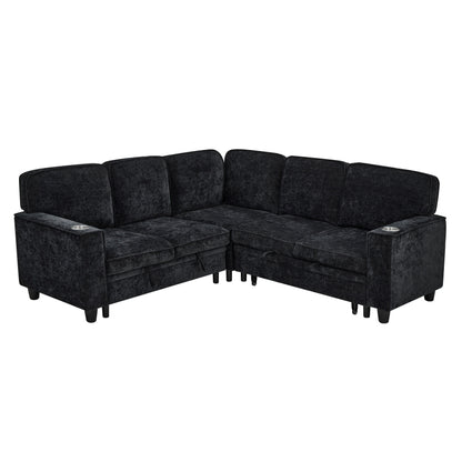 Canapé-lit sectionnel 5 places en L en chenille moderne avec rangement, ports USB et porte-gobelets pour le salon