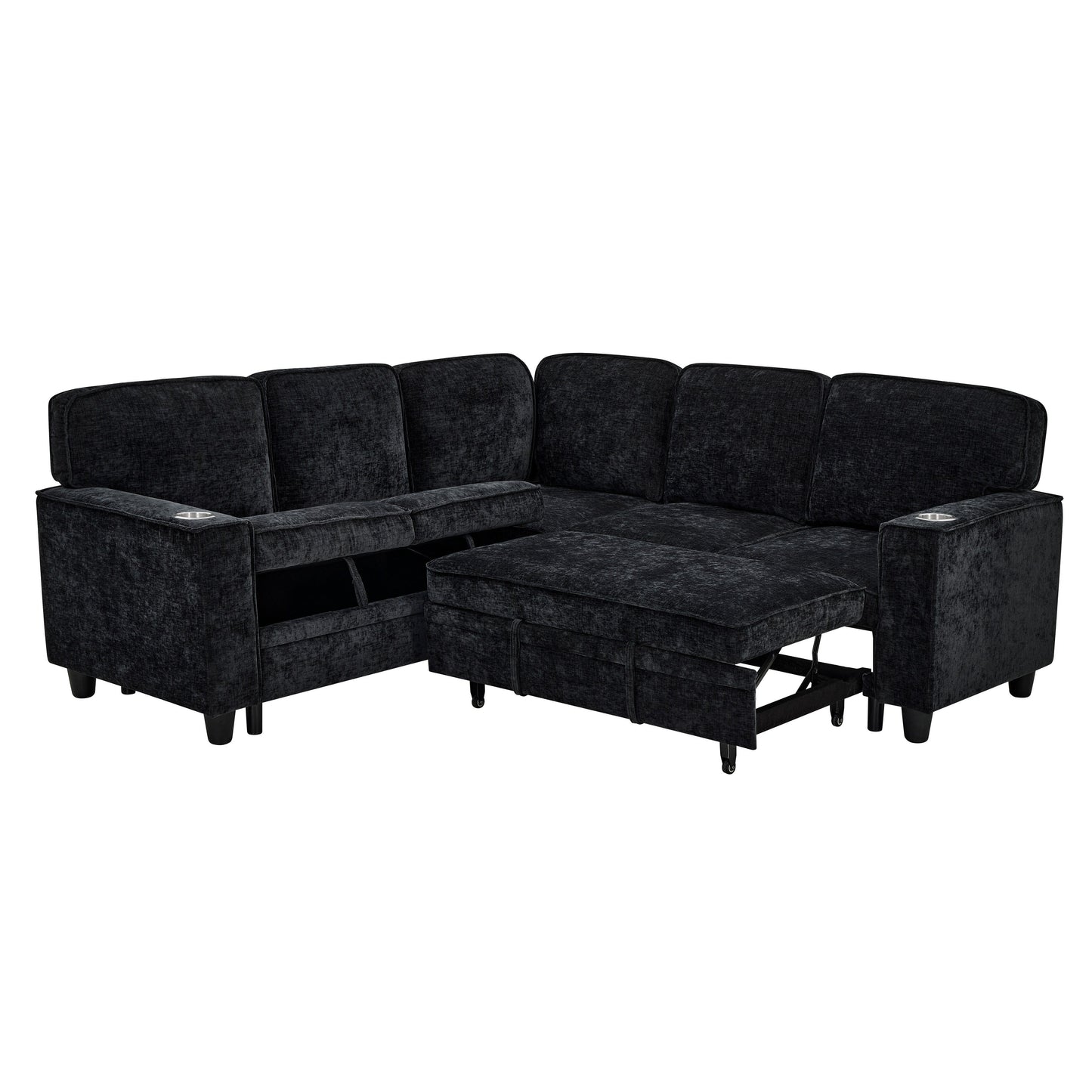 Canapé-lit sectionnel 5 places en L en chenille moderne avec rangement, ports USB et porte-gobelets pour le salon