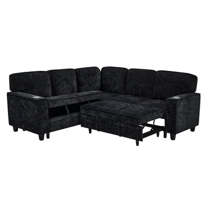 Canapé-lit sectionnel 5 places en L en chenille moderne avec rangement, ports USB et porte-gobelets pour le salon
