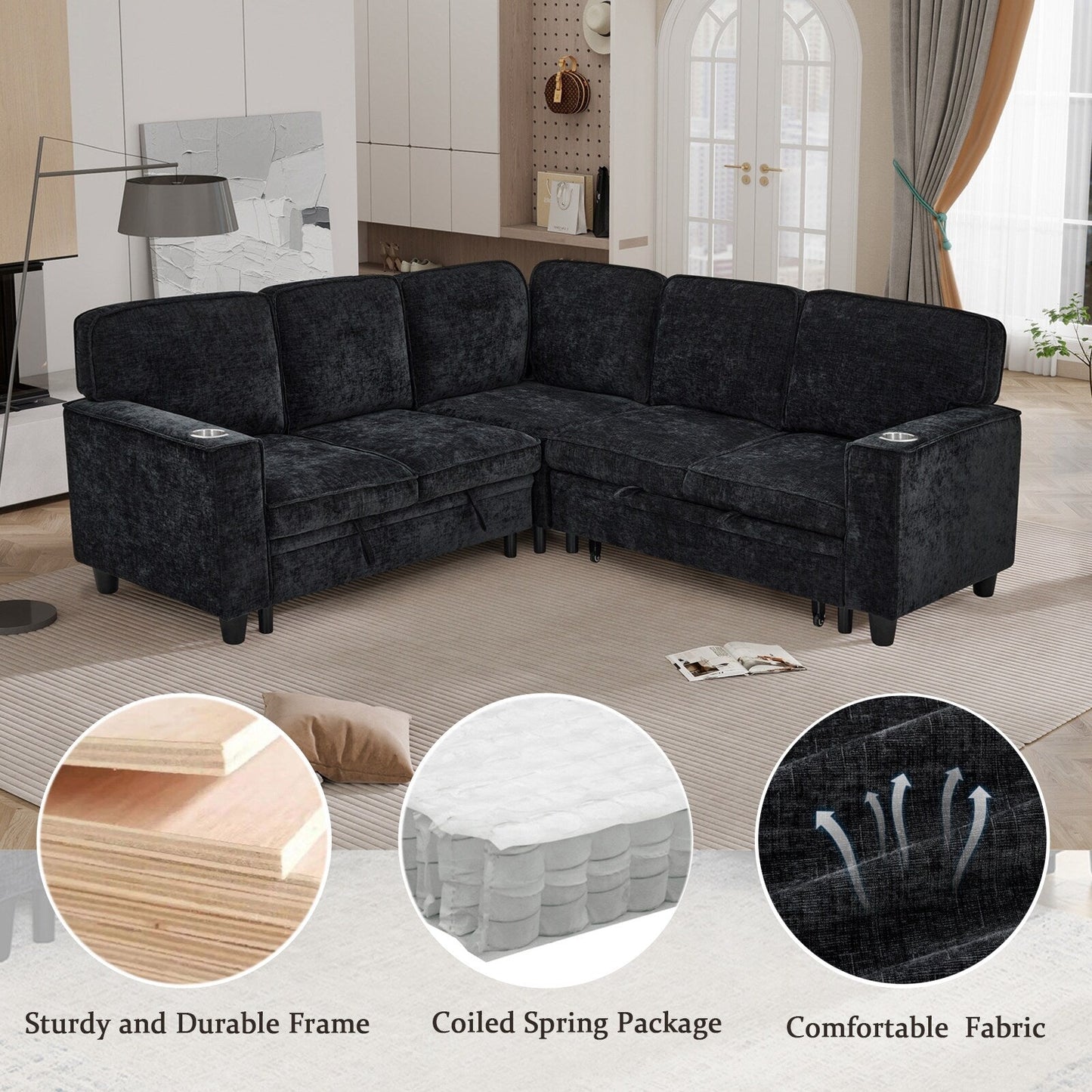 Canapé-lit sectionnel 5 places en L en chenille moderne avec rangement, ports USB et porte-gobelets pour le salon