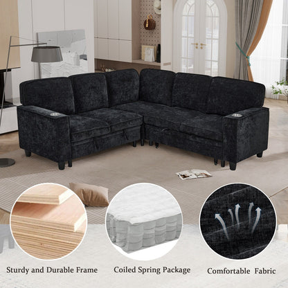 Canapé-lit sectionnel 5 places en L en chenille moderne avec rangement, ports USB et porte-gobelets pour le salon