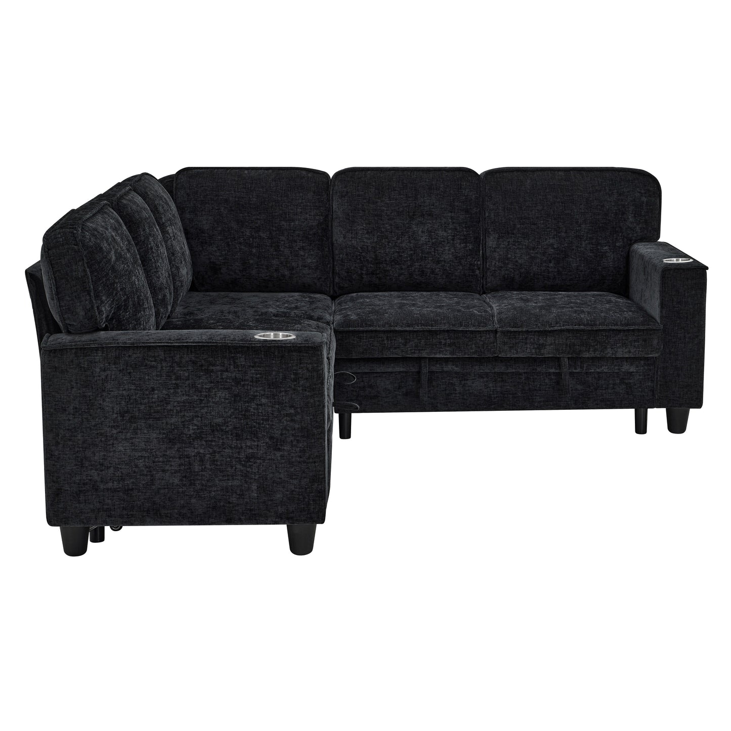 Canapé-lit sectionnel 5 places en L en chenille moderne avec rangement, ports USB et porte-gobelets pour le salon