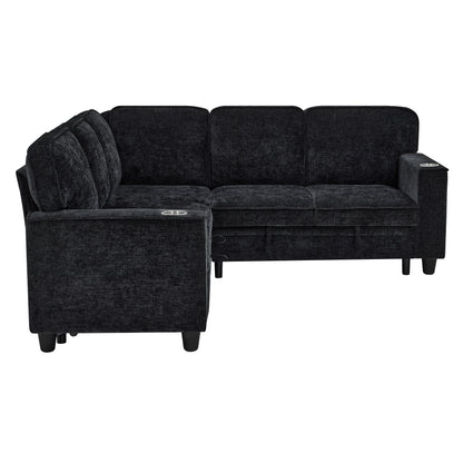 Canapé-lit sectionnel 5 places en L en chenille moderne avec rangement, ports USB et porte-gobelets pour le salon