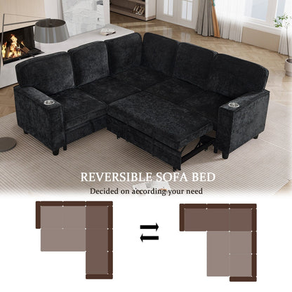 Canapé-lit sectionnel 5 places en L en chenille moderne avec rangement, ports USB et porte-gobelets pour le salon