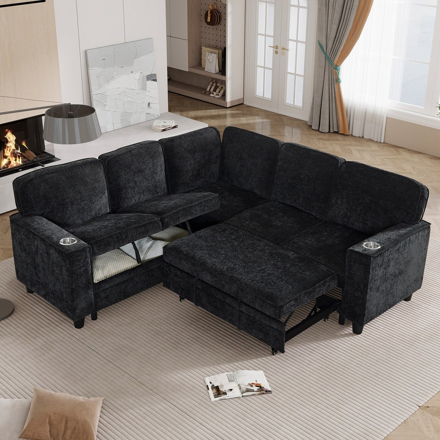 Canapé-lit sectionnel 5 places en L en chenille moderne avec rangement, ports USB et porte-gobelets pour le salon