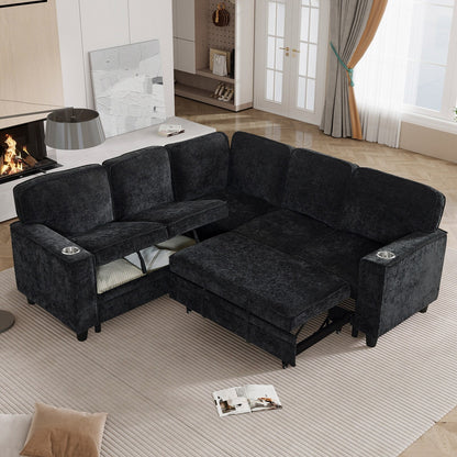 Canapé-lit sectionnel 5 places en L en chenille moderne avec rangement, ports USB et porte-gobelets pour le salon