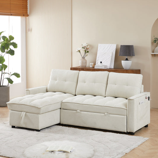 Canapé-lit convertible moderne en L en chenille avec rangement, ports de charge USB et Type-C pour le salon