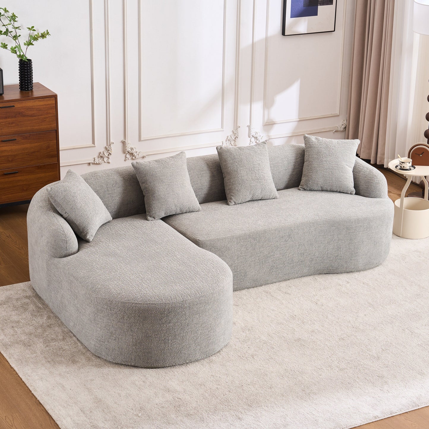 Canapé modulaire moderne en forme de L en chenille avec méridienne incurvée et 4 coussins pour le salon