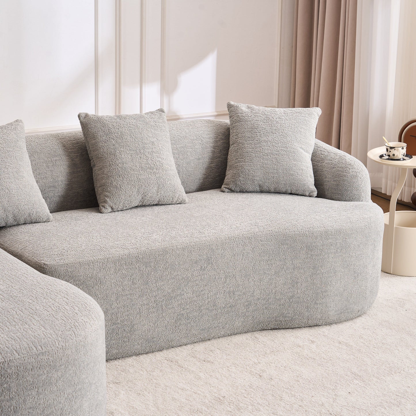 Canapé modulaire moderne en forme de L en chenille avec méridienne incurvée et 4 coussins pour le salon