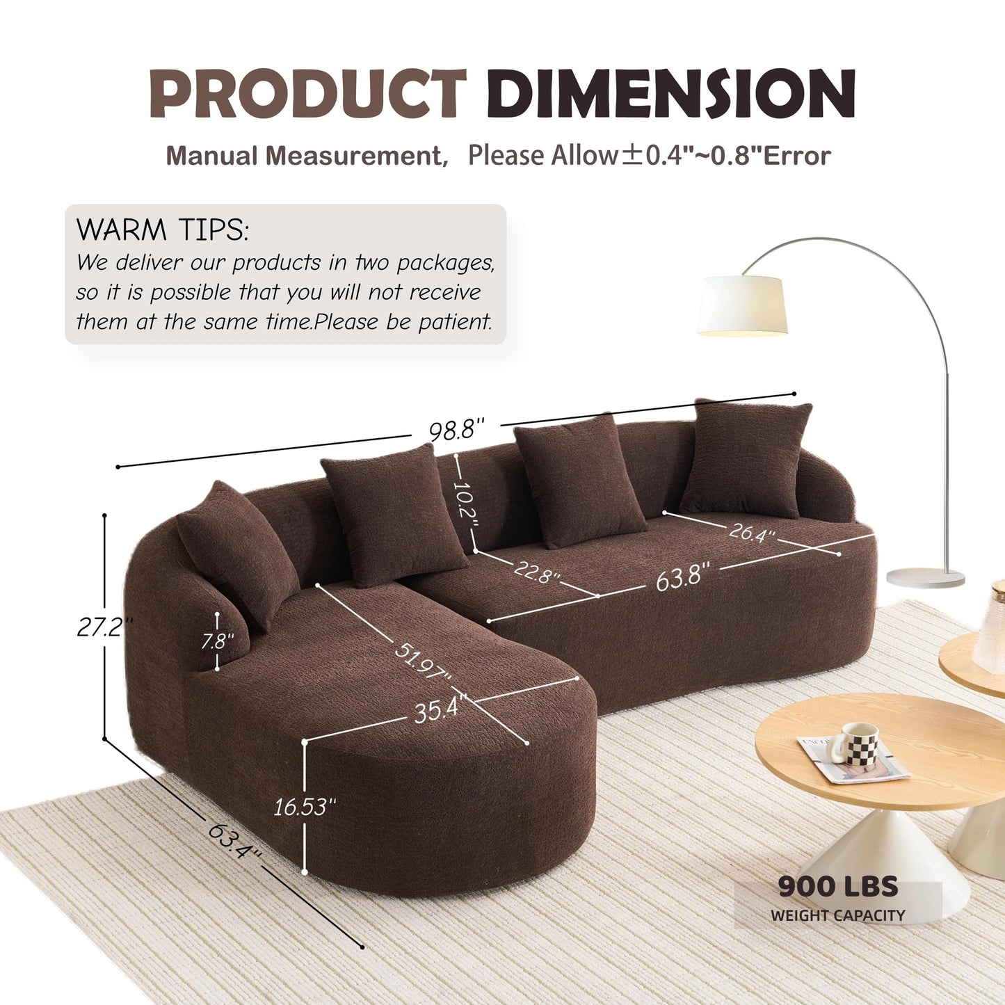 Canapé modulaire moderne en forme de L en chenille avec méridienne incurvée et 4 coussins pour le salon