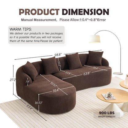 Canapé modulaire moderne en forme de L en chenille avec méridienne incurvée et 4 coussins pour le salon