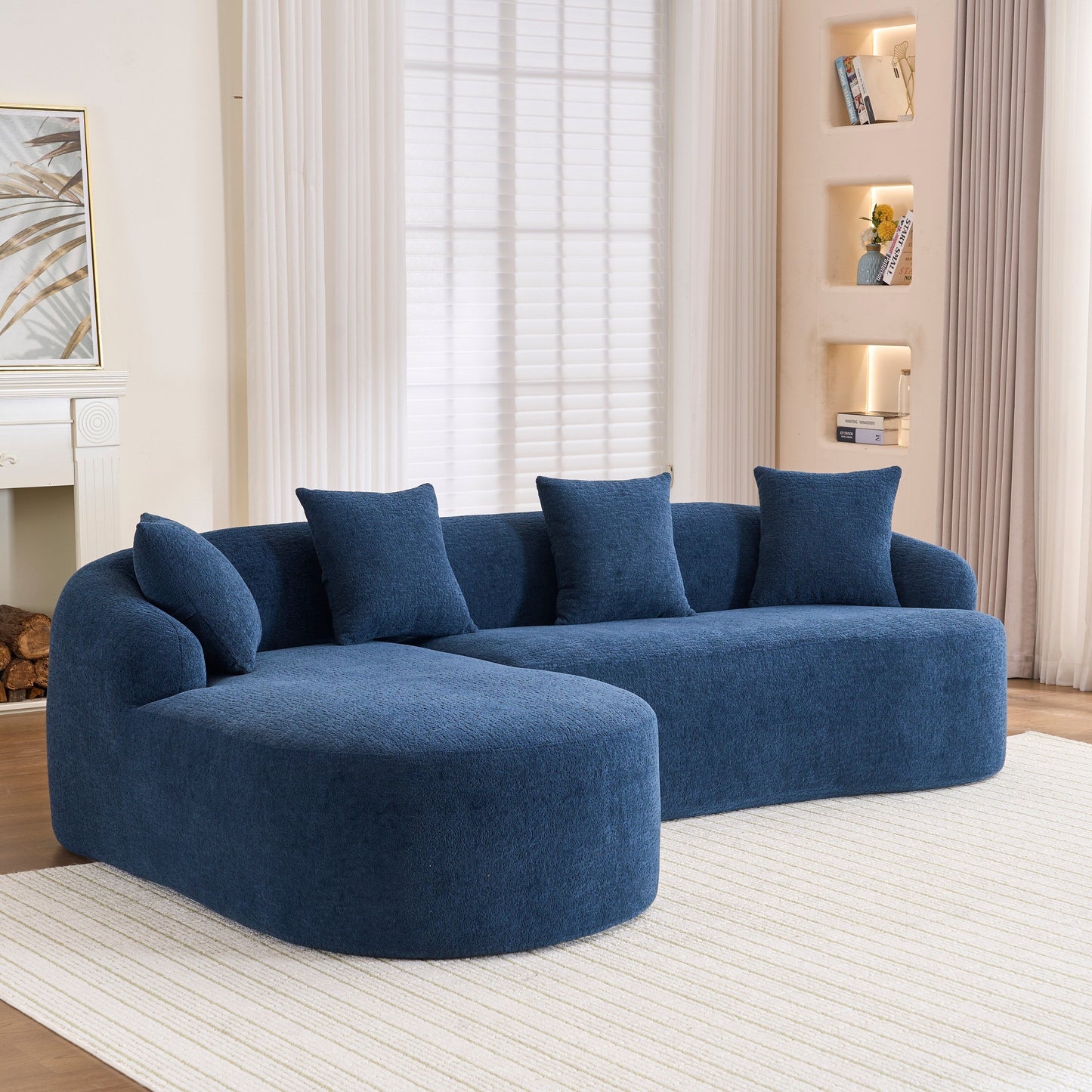 Canapé modulaire moderne en forme de L en chenille avec méridienne incurvée et 4 coussins pour le salon