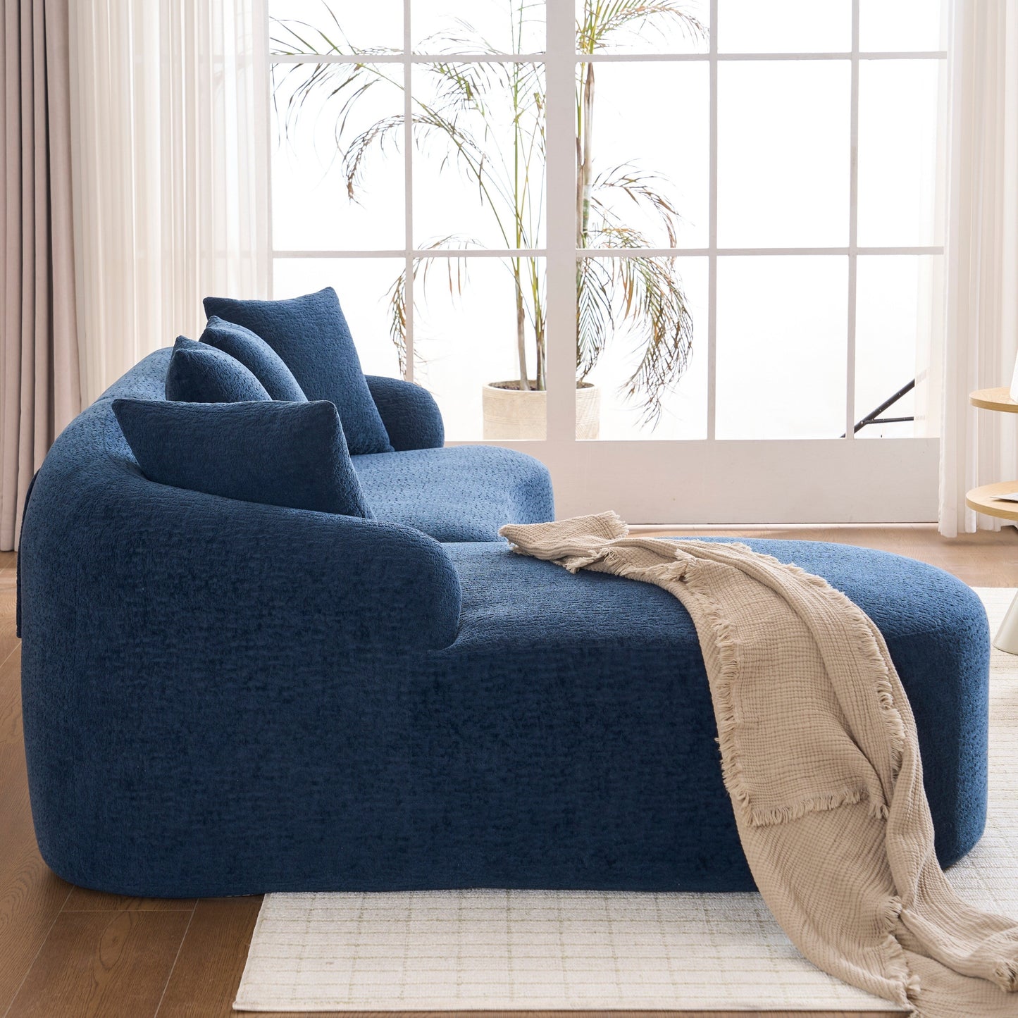 Canapé modulaire moderne en forme de L en chenille avec méridienne incurvée et 4 coussins pour le salon