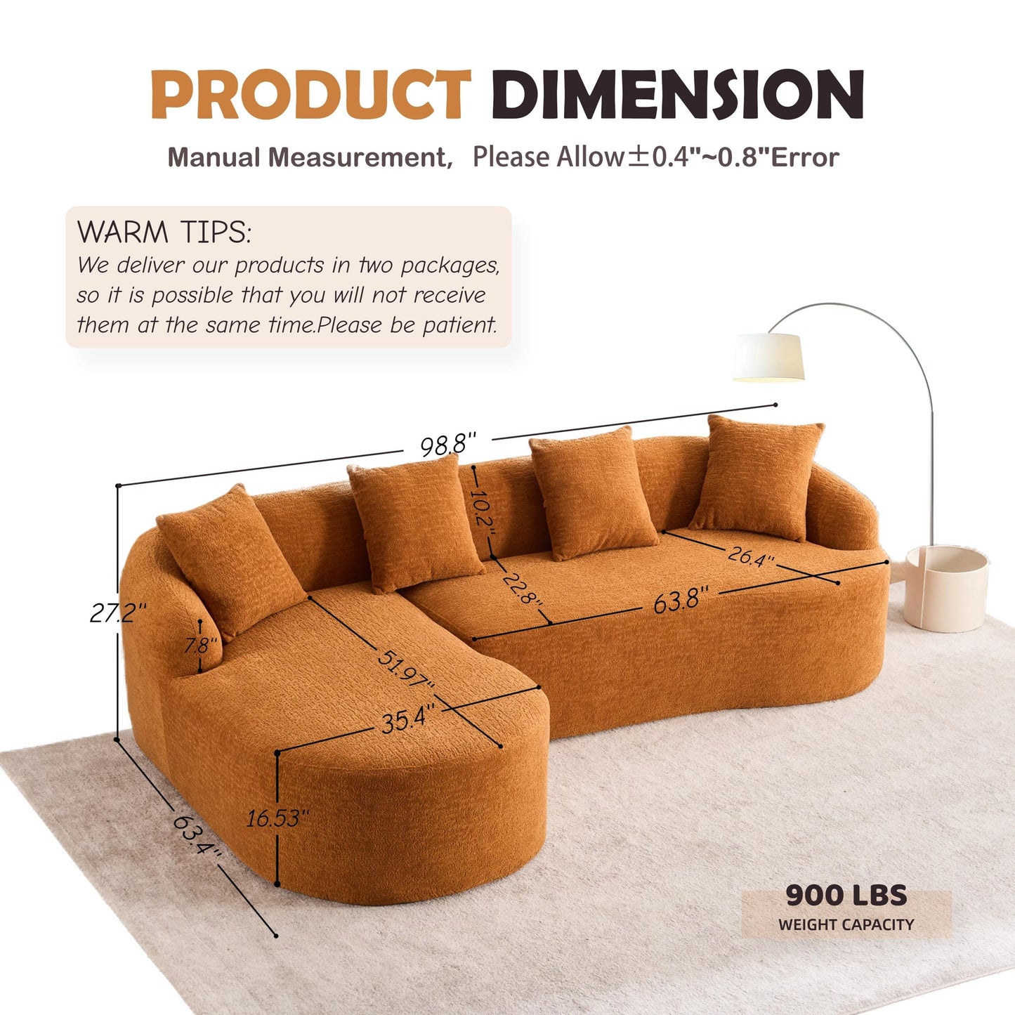 Canapé modulaire moderne en forme de L en chenille avec méridienne incurvée et 4 coussins pour le salon