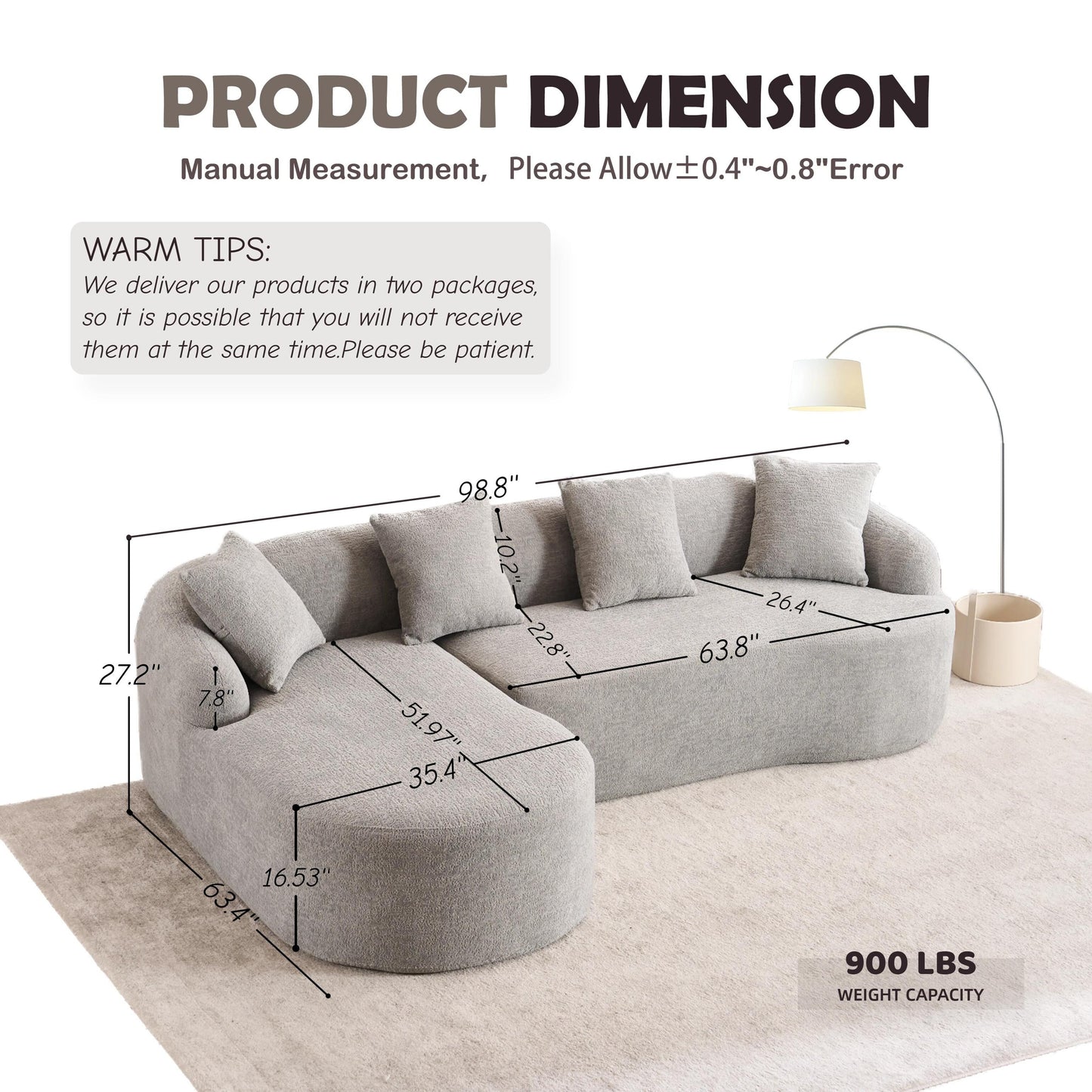 Canapé modulaire moderne en forme de L en chenille avec méridienne incurvée et 4 coussins pour le salon