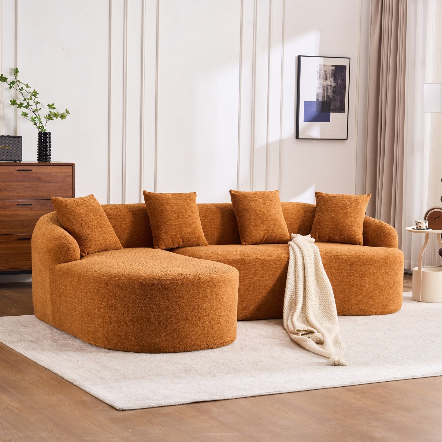 Canapé modulaire moderne en forme de L en chenille avec méridienne incurvée et 4 coussins pour le salon