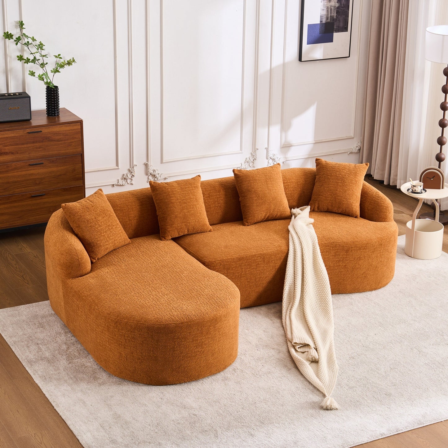 Canapé modulaire moderne en forme de L en chenille avec méridienne incurvée et 4 coussins pour le salon