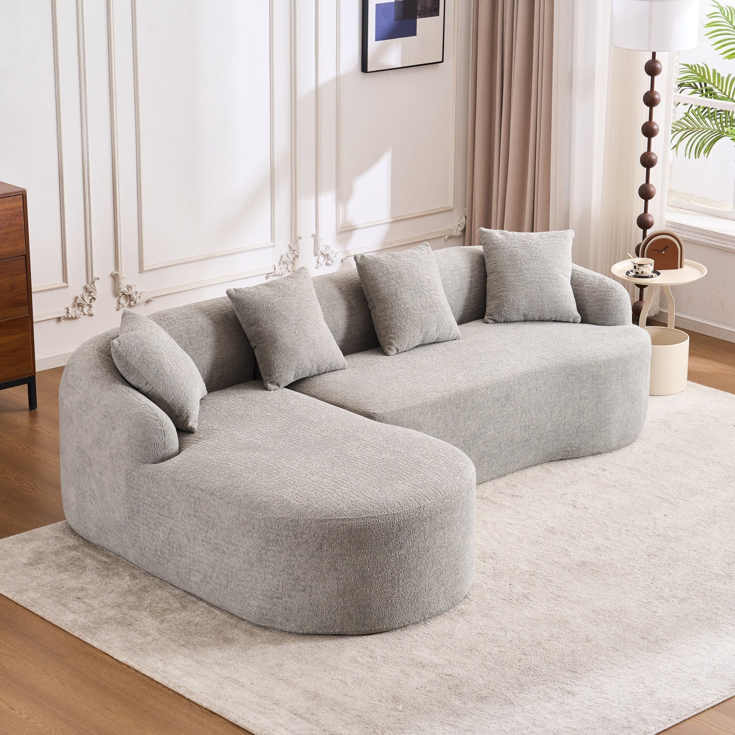 Canapé modulaire moderne en forme de L en chenille avec méridienne incurvée et 4 coussins pour le salon