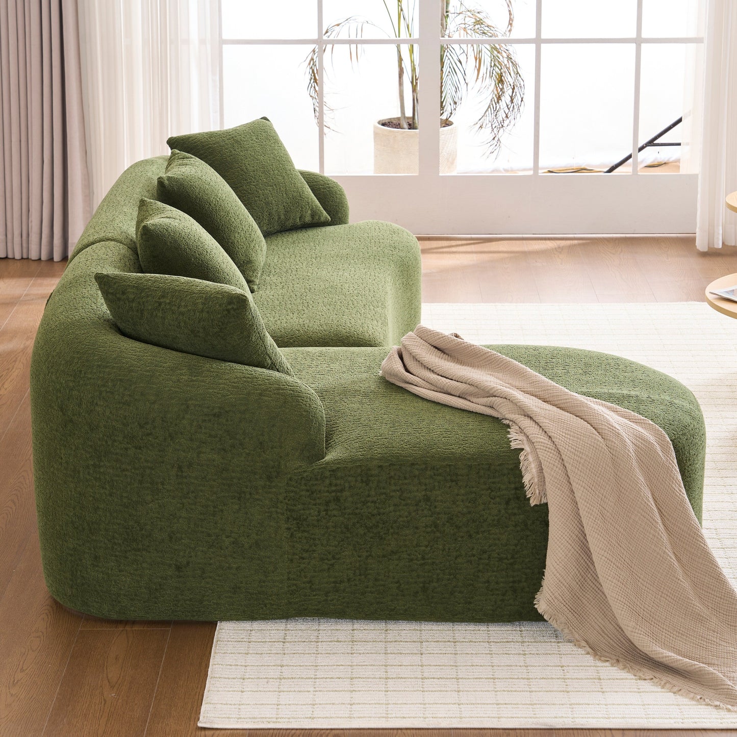 Canapé modulaire moderne en forme de L en chenille avec méridienne incurvée et 4 coussins pour le salon