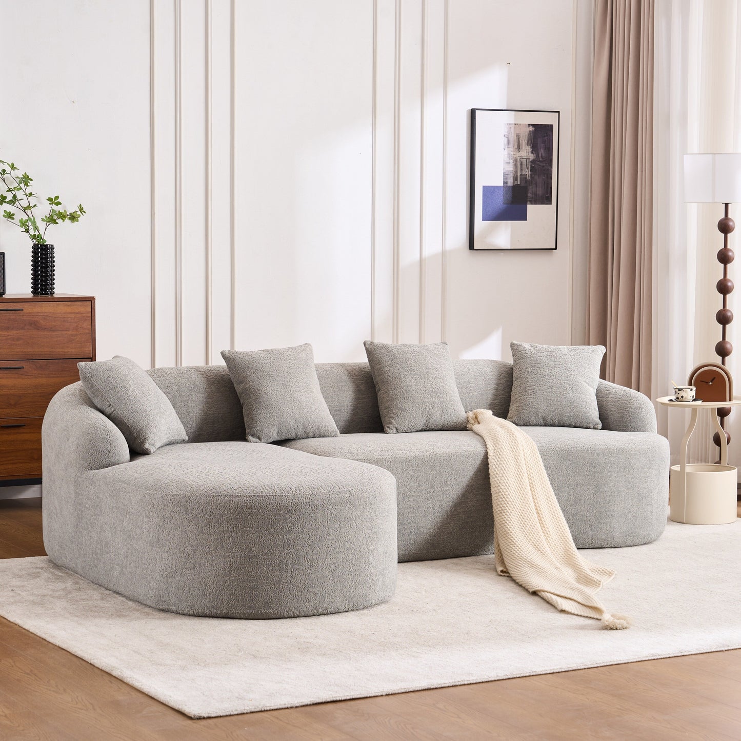 Canapé modulaire moderne en forme de L en chenille avec méridienne incurvée et 4 coussins pour le salon