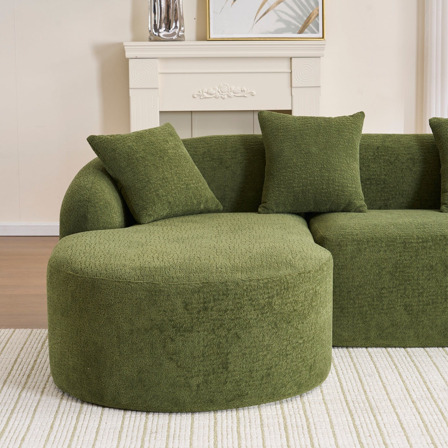 Canapé modulaire moderne en forme de L en chenille avec méridienne incurvée et 4 coussins pour le salon