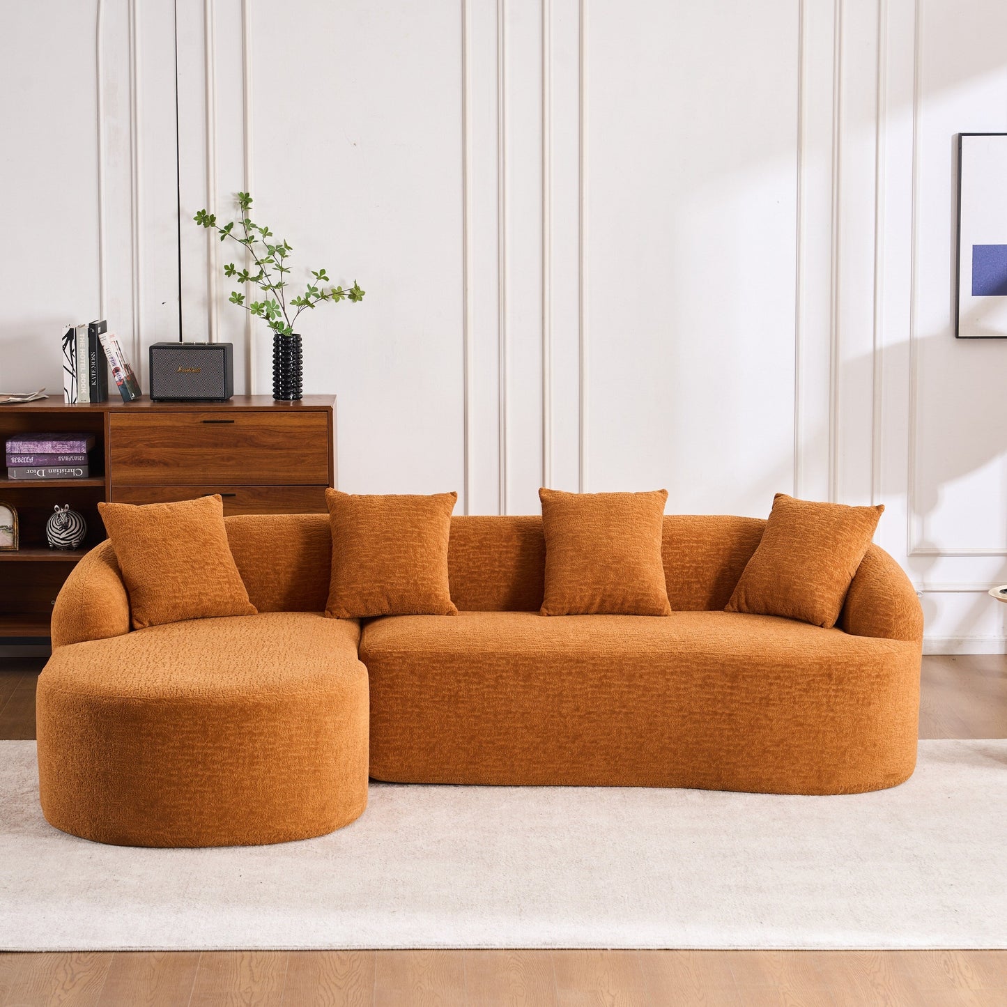 Canapé modulaire moderne en forme de L en chenille avec méridienne incurvée et 4 coussins pour le salon