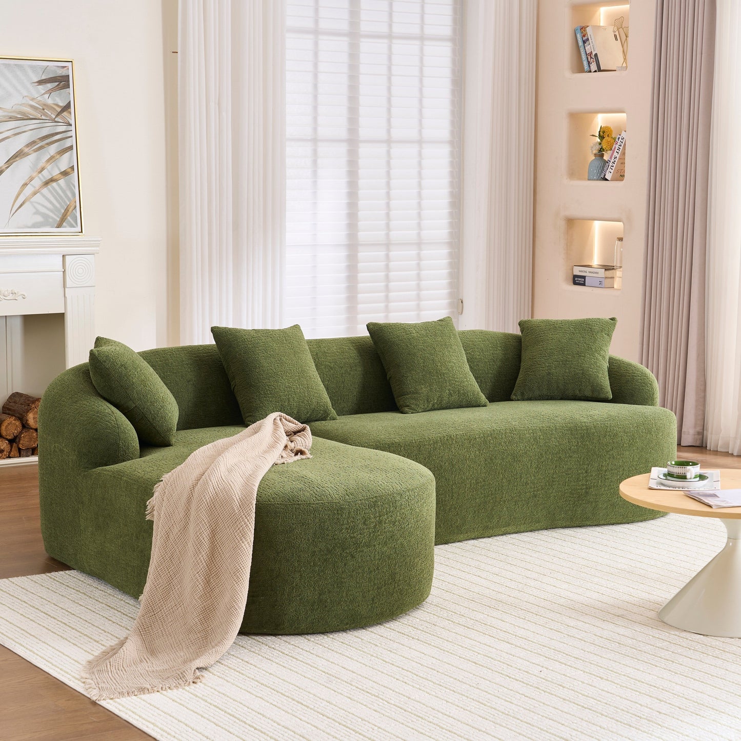 Canapé modulaire moderne en forme de L en chenille avec méridienne incurvée et 4 coussins pour le salon