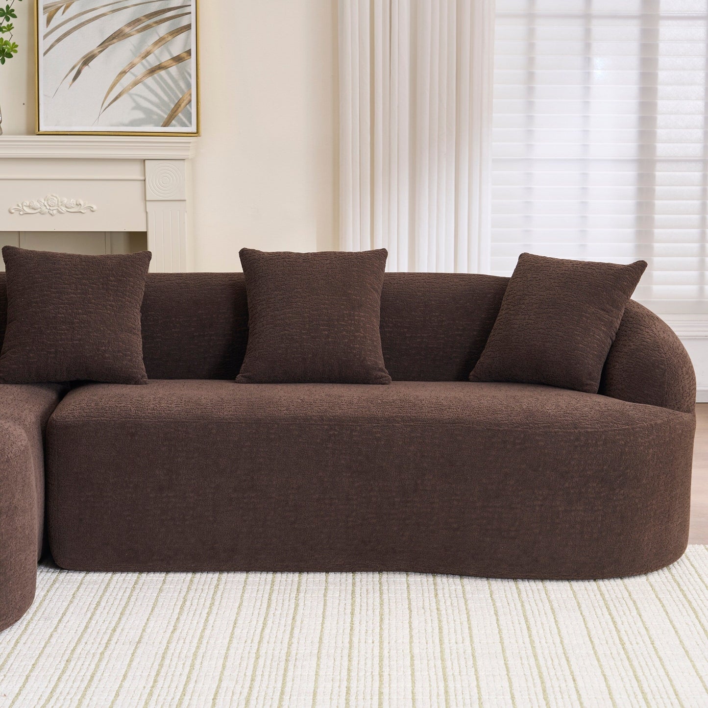 Canapé modulaire moderne en forme de L en chenille avec méridienne incurvée et 4 coussins pour le salon