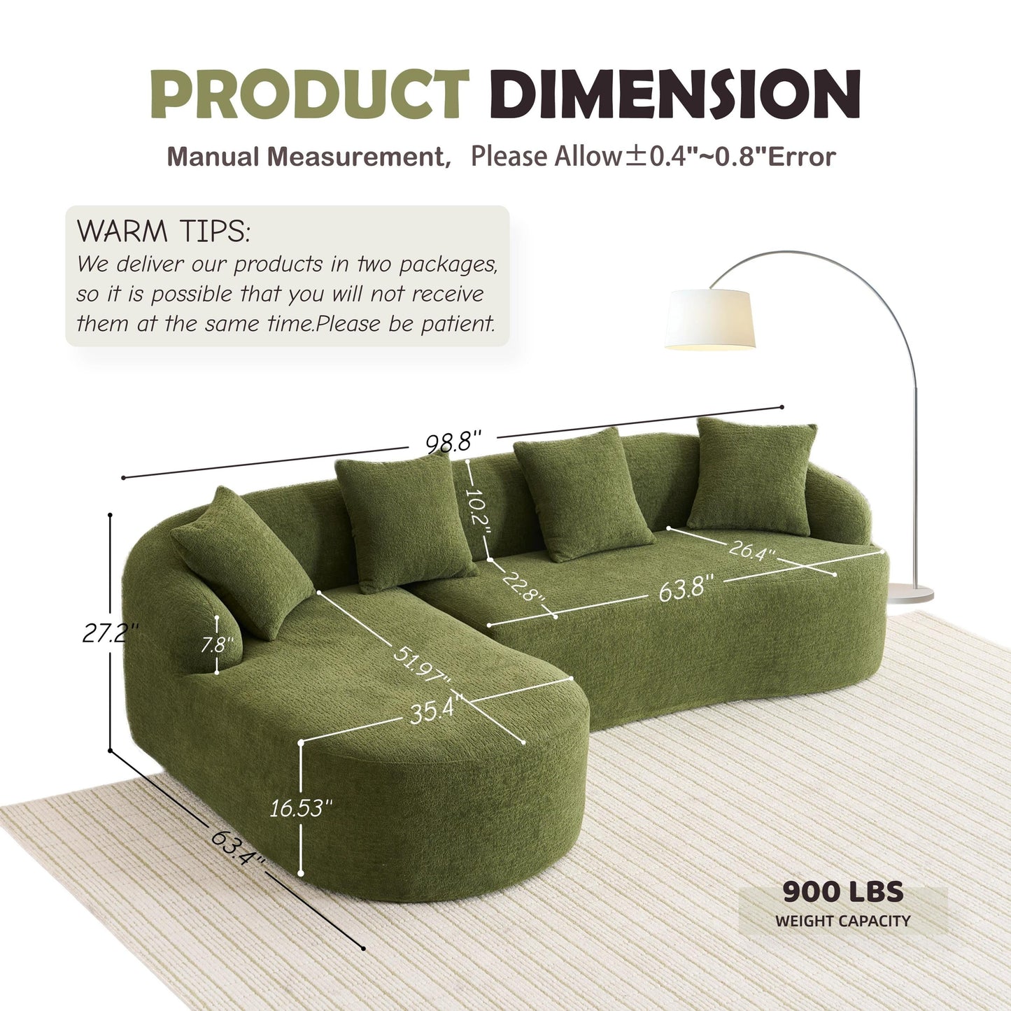 Canapé modulaire moderne en forme de L en chenille avec méridienne incurvée et 4 coussins pour le salon