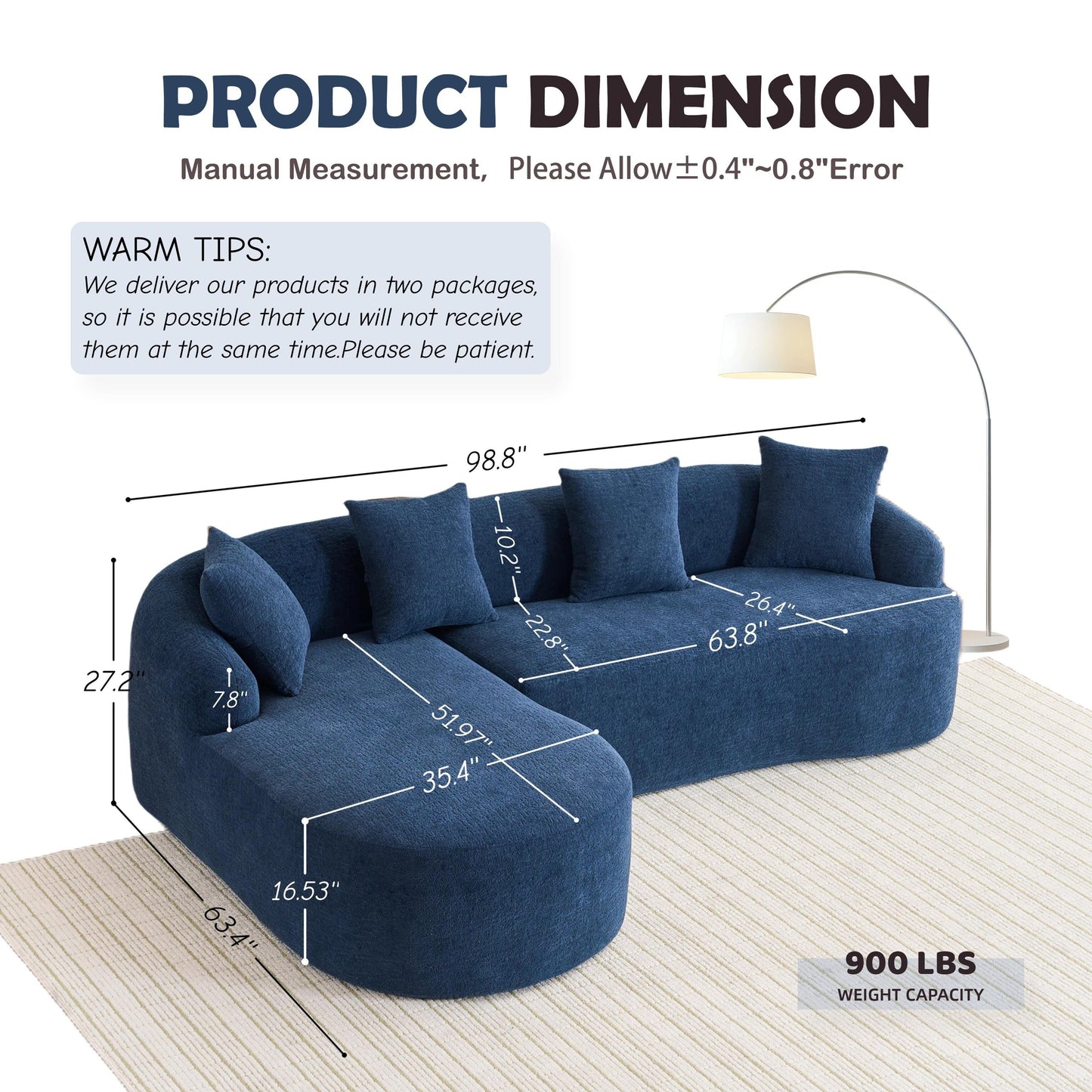 Canapé modulaire moderne en forme de L en chenille avec méridienne incurvée et 4 coussins pour le salon