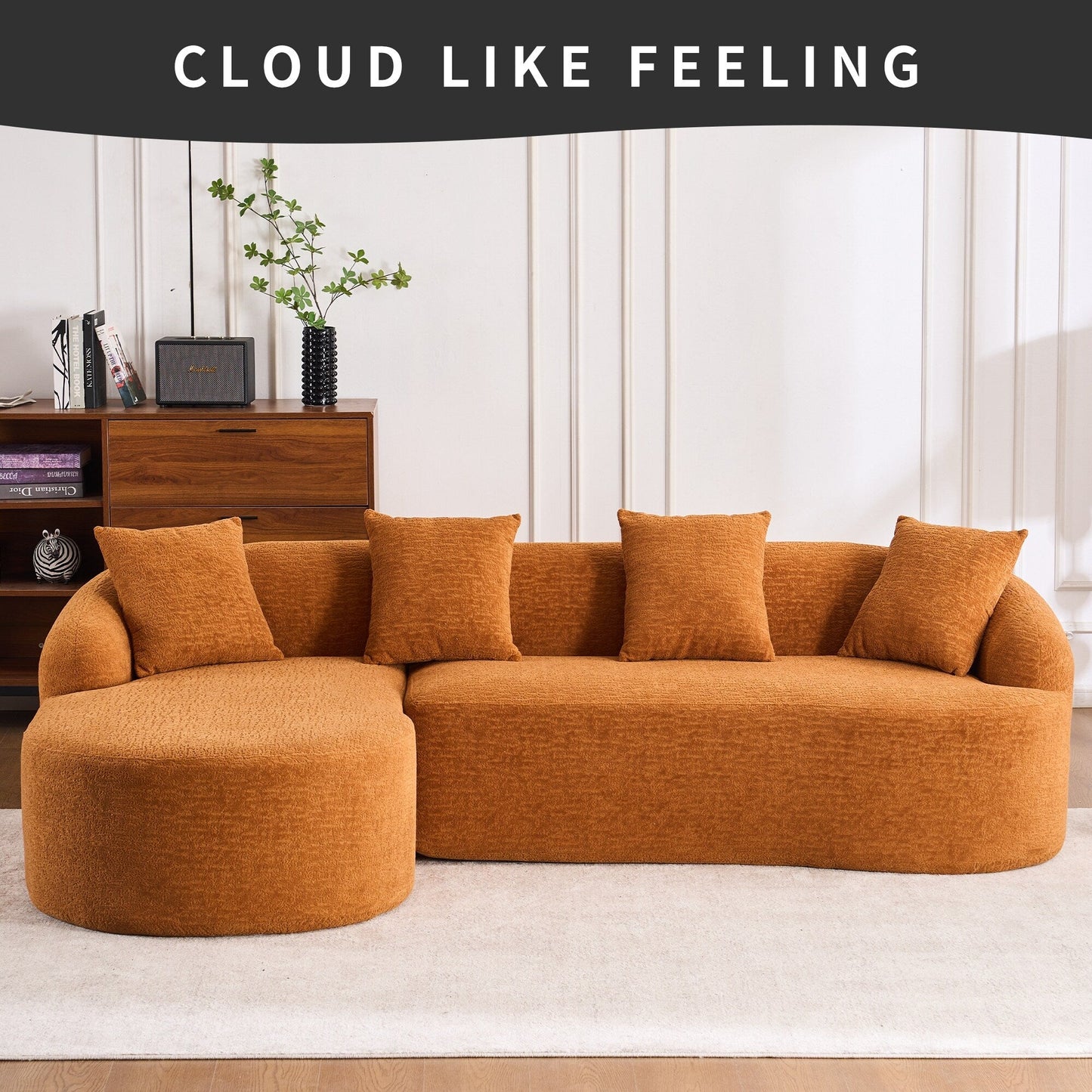 Canapé modulaire moderne en forme de L en chenille avec méridienne incurvée et 4 coussins pour le salon