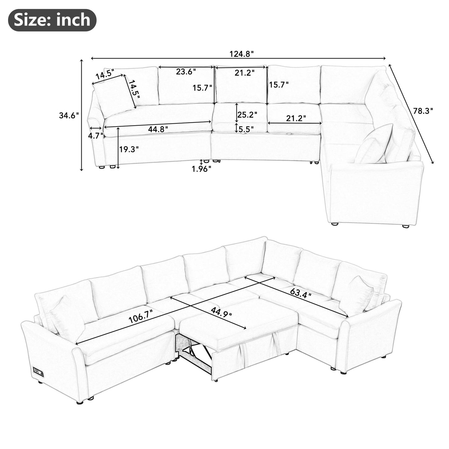 Canapé sectionnel moderne en chenille en forme de L avec lit gigogne, ports de charge USB et prises de courant pour le salon