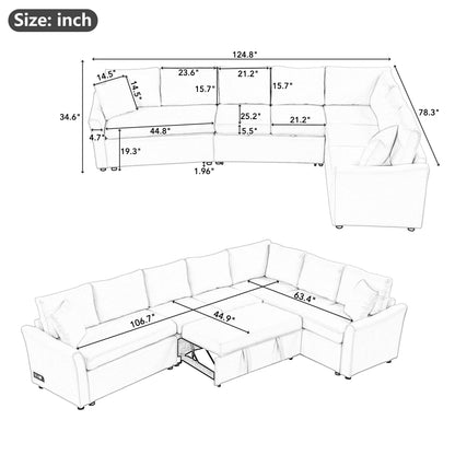 Canapé sectionnel moderne en chenille en forme de L avec lit gigogne, ports de charge USB et prises de courant pour le salon