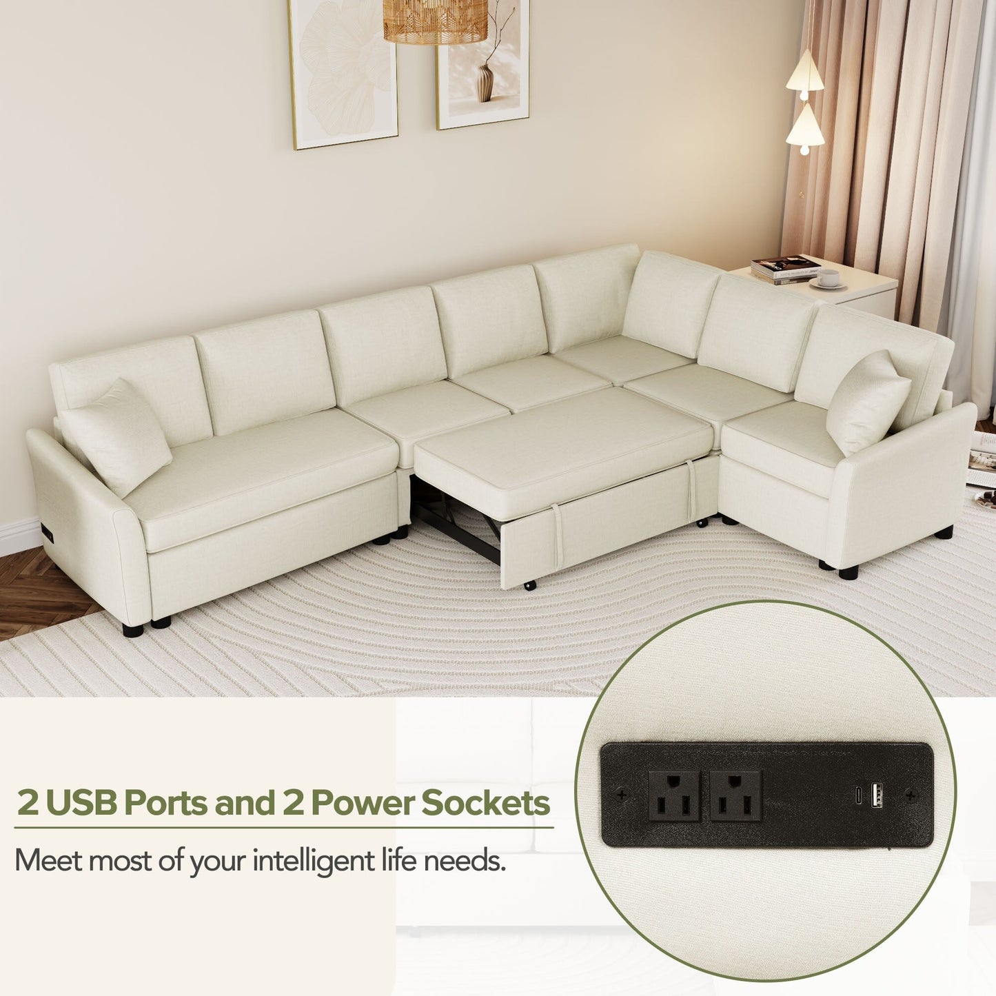 Canapé sectionnel moderne en chenille en forme de L avec lit gigogne, ports de charge USB et prises de courant pour le salon