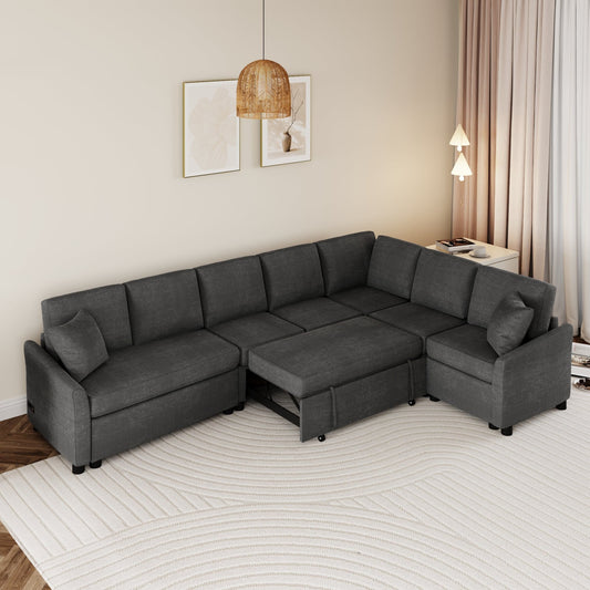 Canapé sectionnel moderne en chenille en forme de L avec lit gigogne, ports de charge USB et prises de courant pour le salon