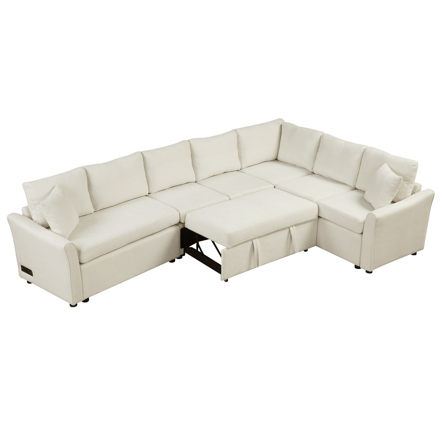 Canapé sectionnel moderne en chenille en forme de L avec lit gigogne, ports de charge USB et prises de courant pour le salon