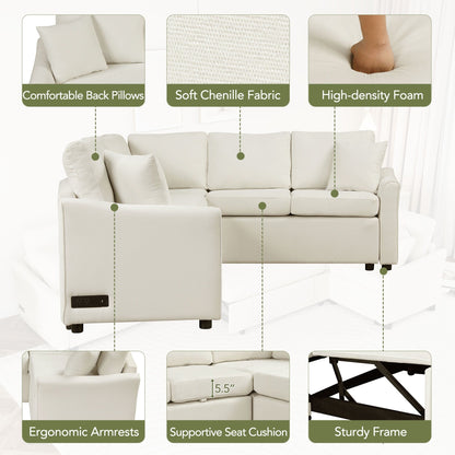 Canapé sectionnel moderne en chenille en forme de L avec lit gigogne, ports de charge USB et prises de courant pour le salon