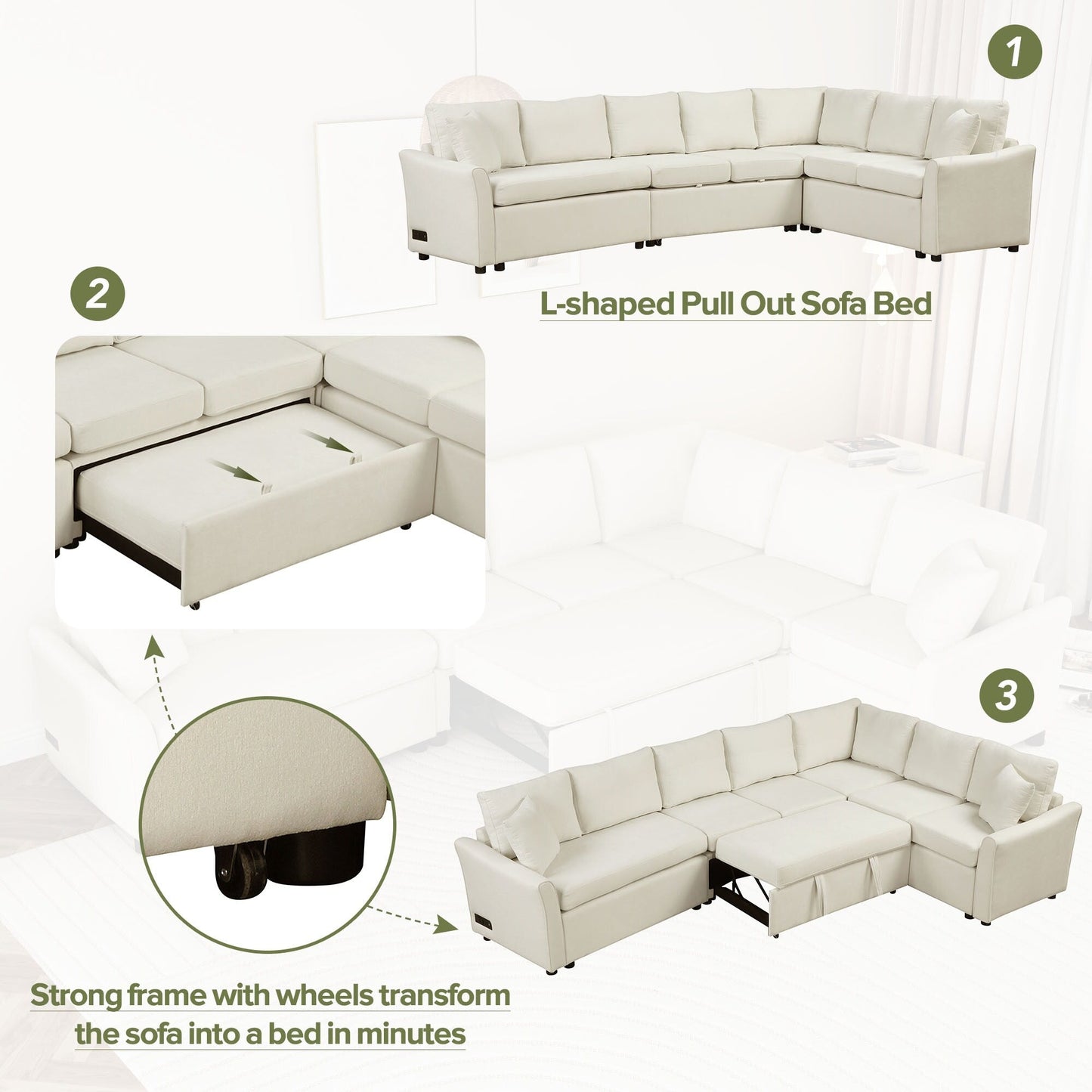 Canapé sectionnel moderne en chenille en forme de L avec lit gigogne, ports de charge USB et prises de courant pour le salon