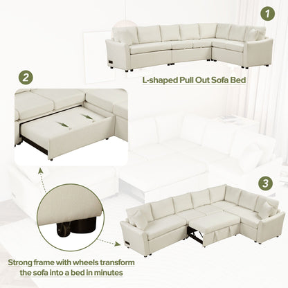 Canapé sectionnel moderne en chenille en forme de L avec lit gigogne, ports de charge USB et prises de courant pour le salon