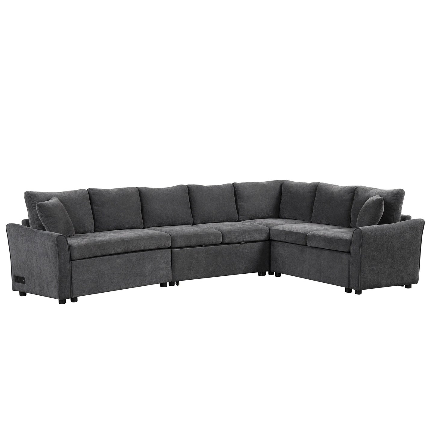 Canapé sectionnel moderne en chenille en forme de L avec lit gigogne, ports de charge USB et prises de courant pour le salon