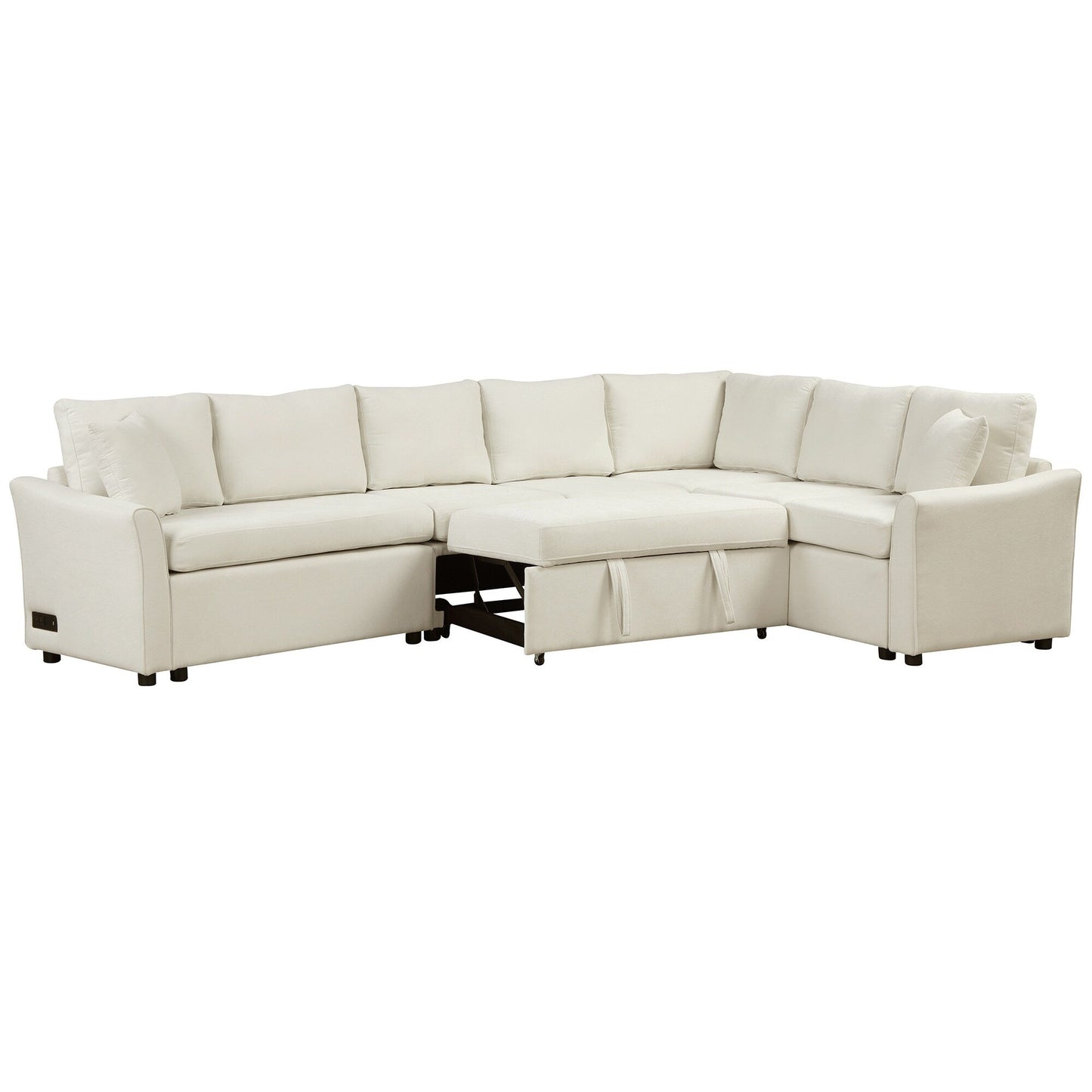 Canapé sectionnel moderne en chenille en forme de L avec lit gigogne, ports de charge USB et prises de courant pour le salon
