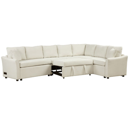 Canapé sectionnel moderne en chenille en forme de L avec lit gigogne, ports de charge USB et prises de courant pour le salon